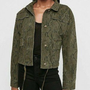 Snakeskin Green Print Cropped Twill Jacket, Size M